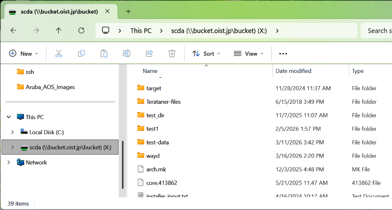 A windows file browser with a remote Bucket folder open.