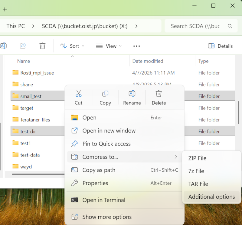 A windows file browser with two selected folder and a menu for
creating a compressed archive.