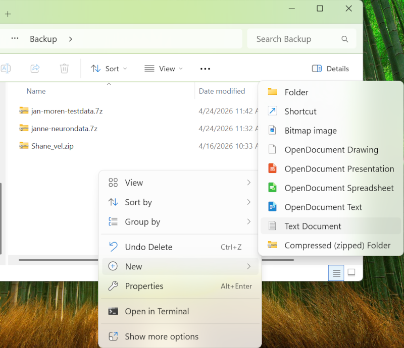 File browser with a file creation menu popup