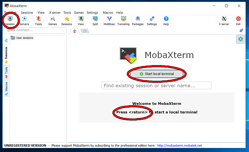 The MobaXterm main window. 'Start local terminal' is marked in red.