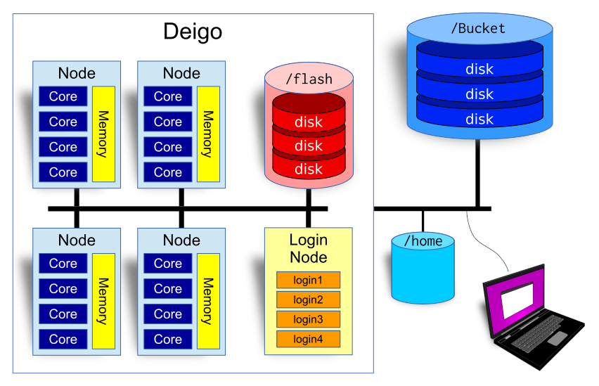 A diagram of the Deigo cluster, with compute nodes, the login nodes and Flash storage; then Bucket and home outside.