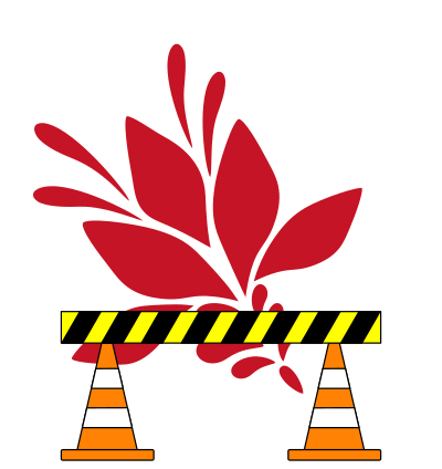 A large red Deigo flower behind a barrier of cones and tape.